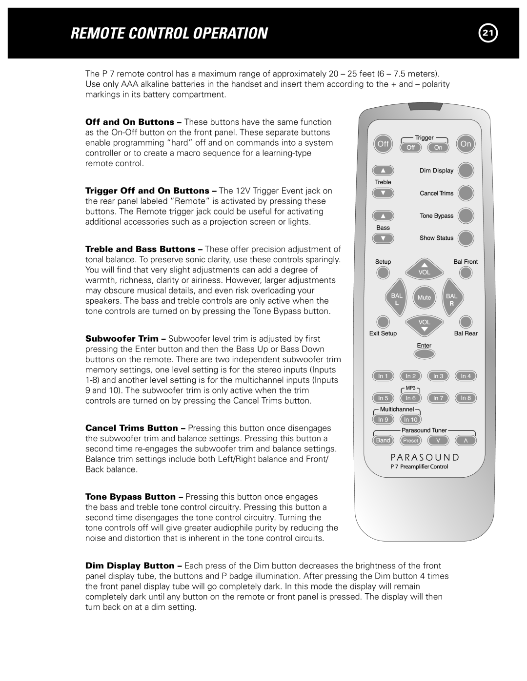 Parasound P 7 manual Remote Control Operation 