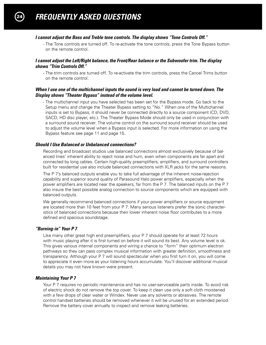 Parasound P 7 manual Should I Use Balanced or Unbalanced connections?, Burning-in Your P, Maintaining Your P 