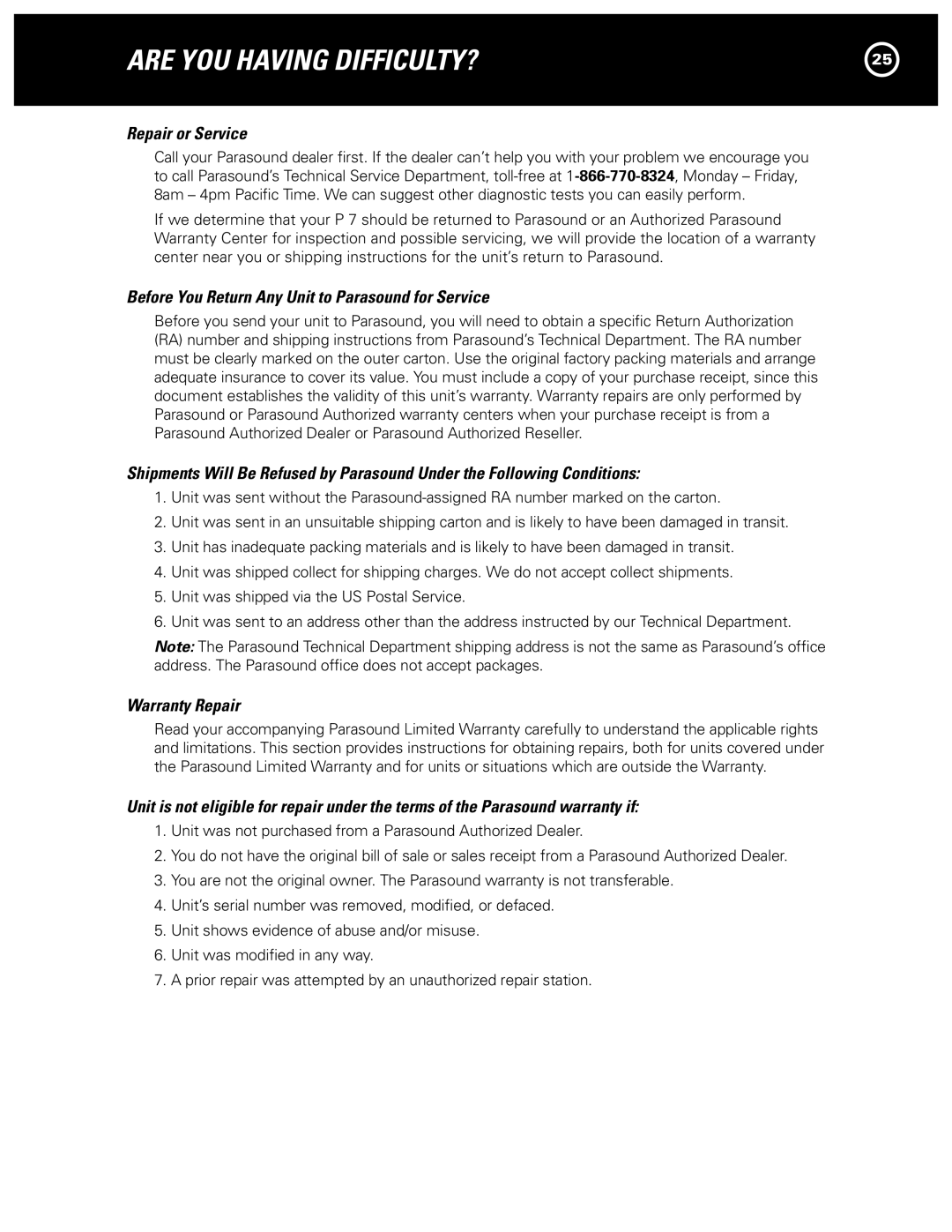 Parasound P 7 manual Are YOU Having DIFFICULTY?, Repair or Service, Before You Return Any Unit to Parasound for Service 