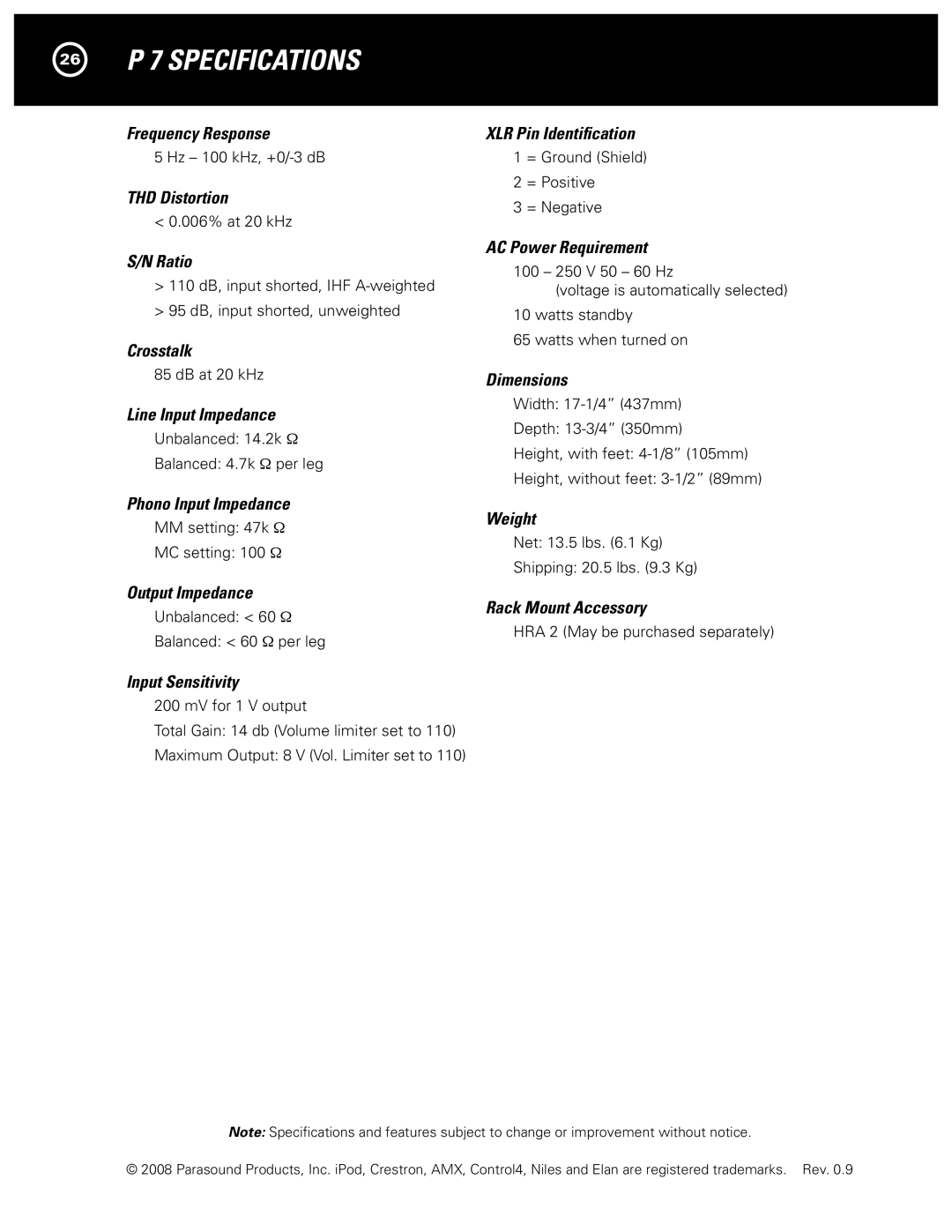 Parasound manual 26 P 7 Specifications 