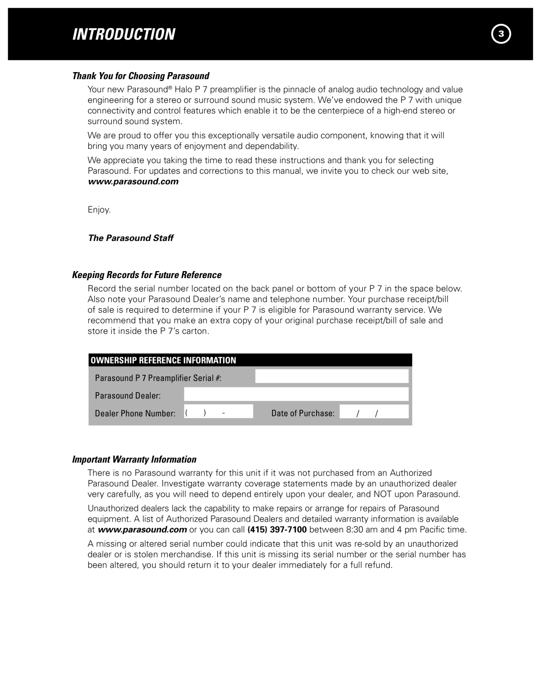 Parasound P 7 manual Introduction, Thank You for Choosing Parasound, Keeping Records for Future Reference 