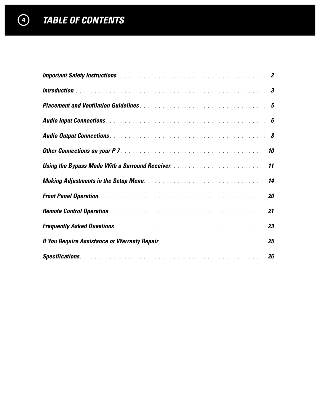 Parasound P 7 manual Table of Contents 