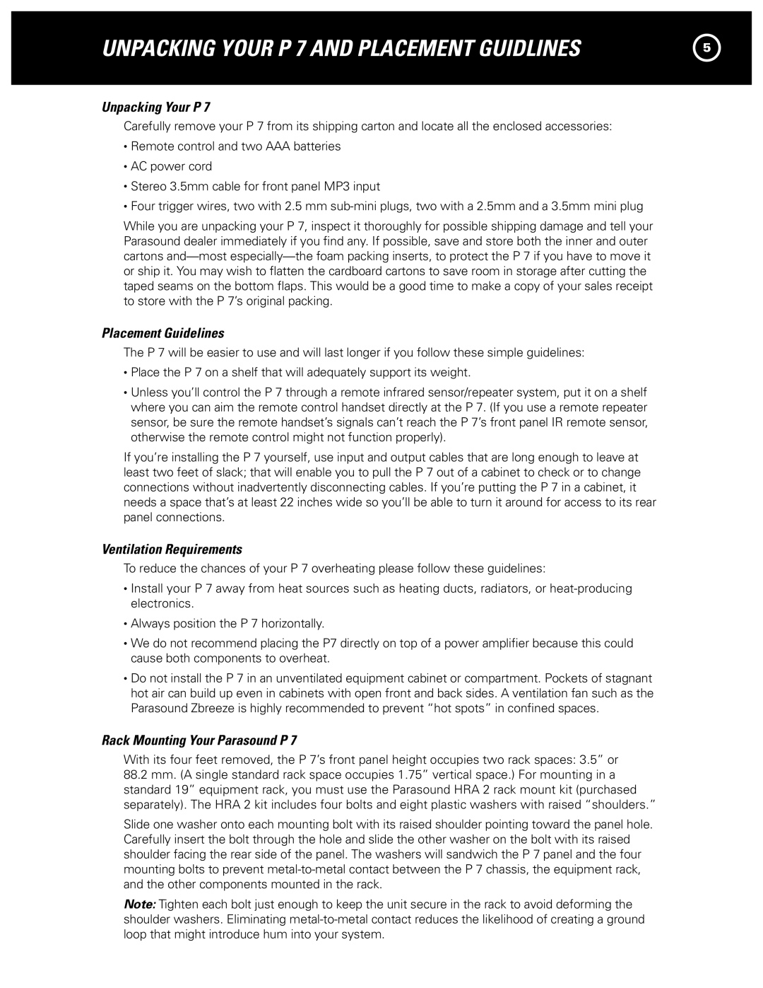 Parasound P 7 manual Unpacking Your P, Placement Guidelines, Ventilation Requirements, Rack Mounting Your Parasound P 