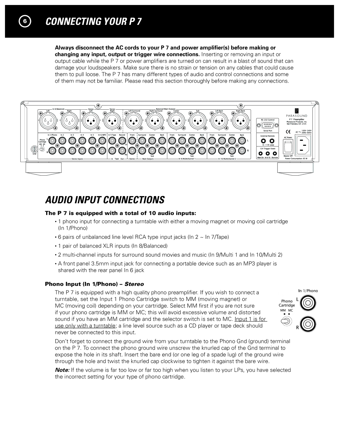 Parasound manual Connecting Your P, P 7 is equipped with a total of 10 audio inputs, Phono Input In 1/Phono Stereo 