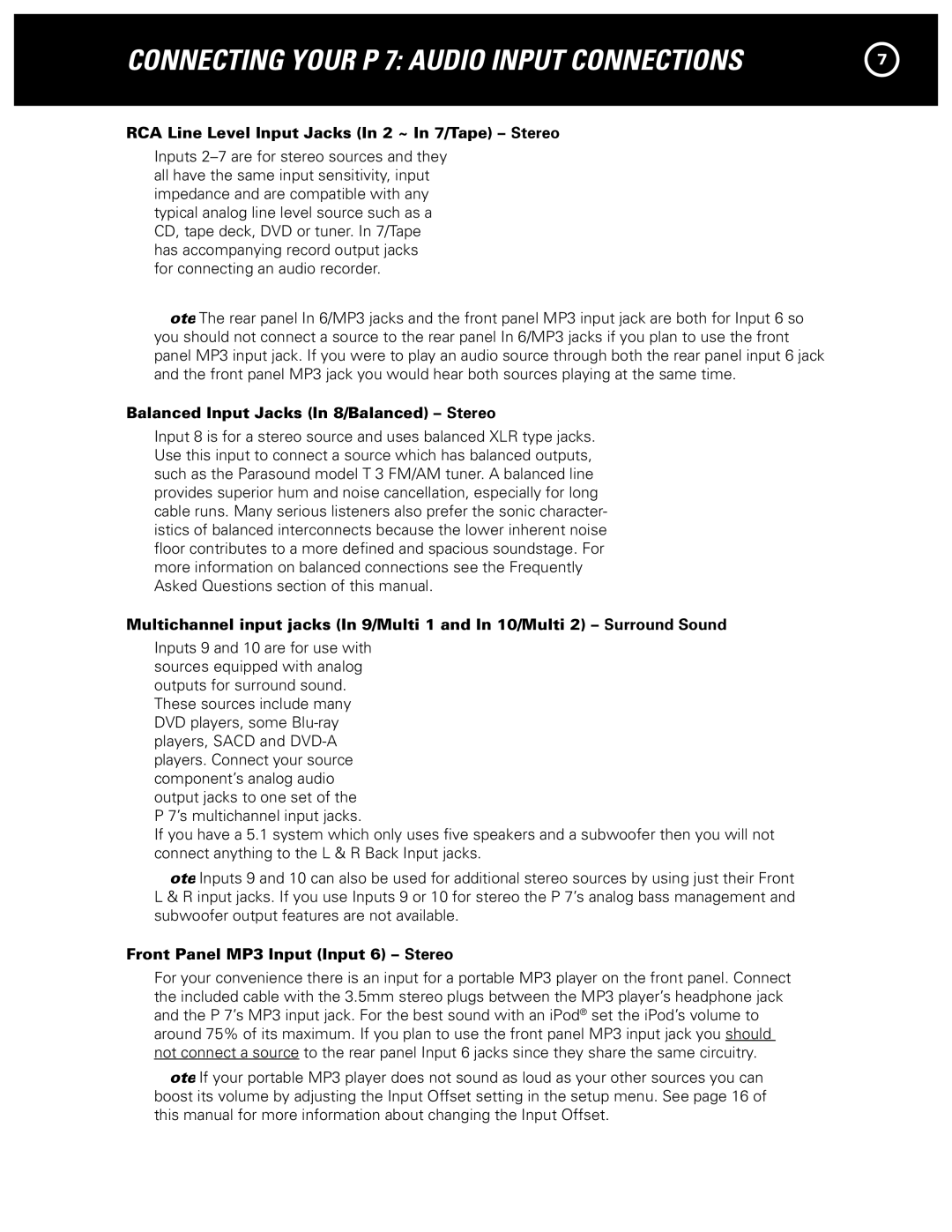 Parasound P 7 manual RCA Line Level Input Jacks In 2 ~ In 7/Tape Stereo, Balanced Input Jacks In 8/Balanced Stereo 