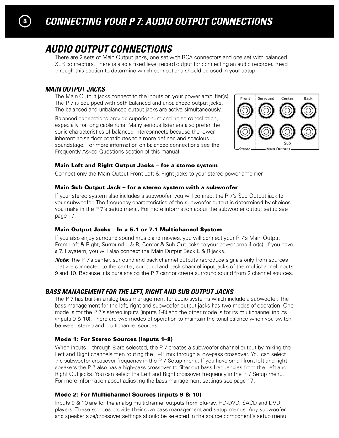 Parasound manual Connecting Your P 7 Audio Output Connections, Main Output Jacks 