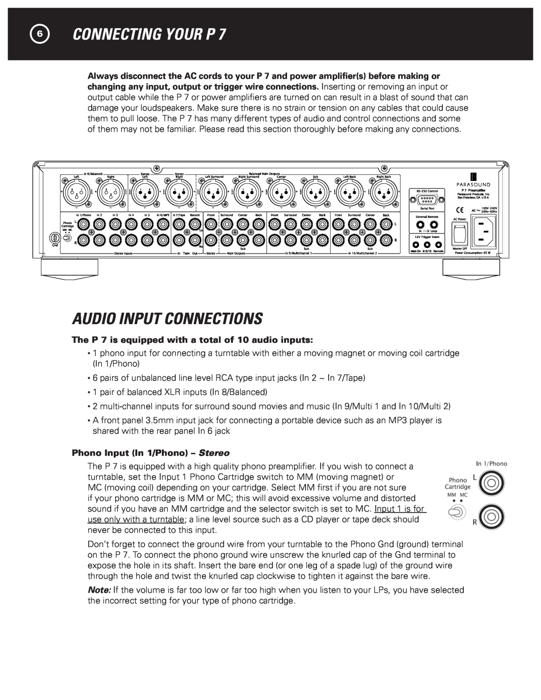 Parasound P 7 manual 6CONNECTING YOUR P, Audio Input Connections, Phono Input In 1/Phono - Stereo 