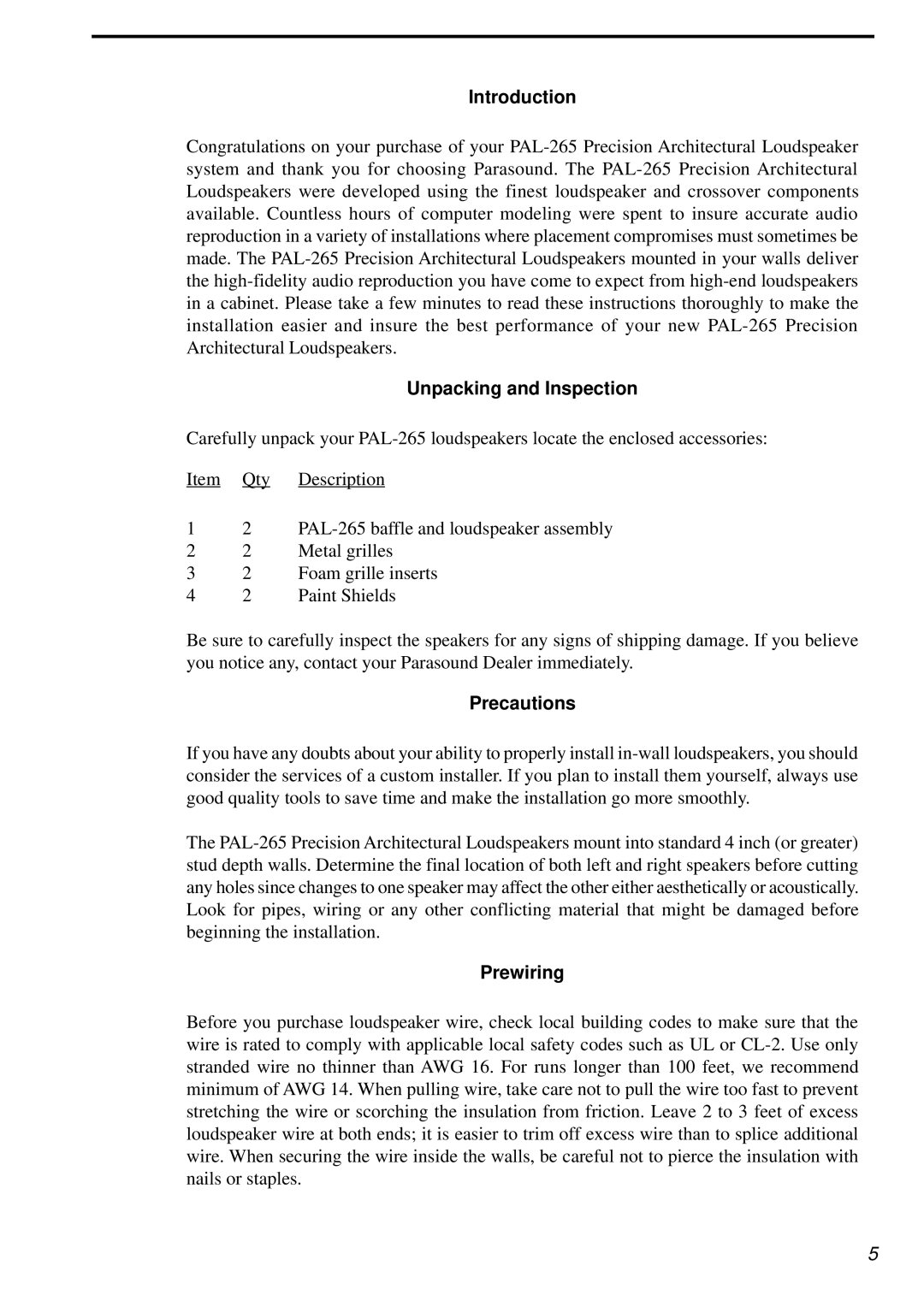 Parasound PAL-265 owner manual Introduction, Unpacking and Inspection, Precautions, Prewiring 