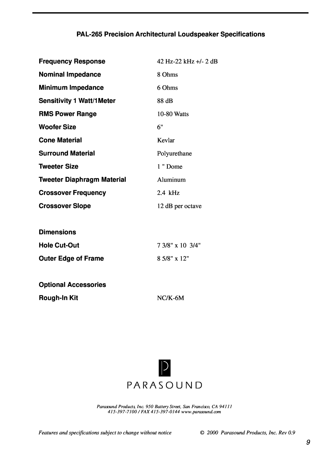 Parasound PAL-265 owner manual Frequency Response 