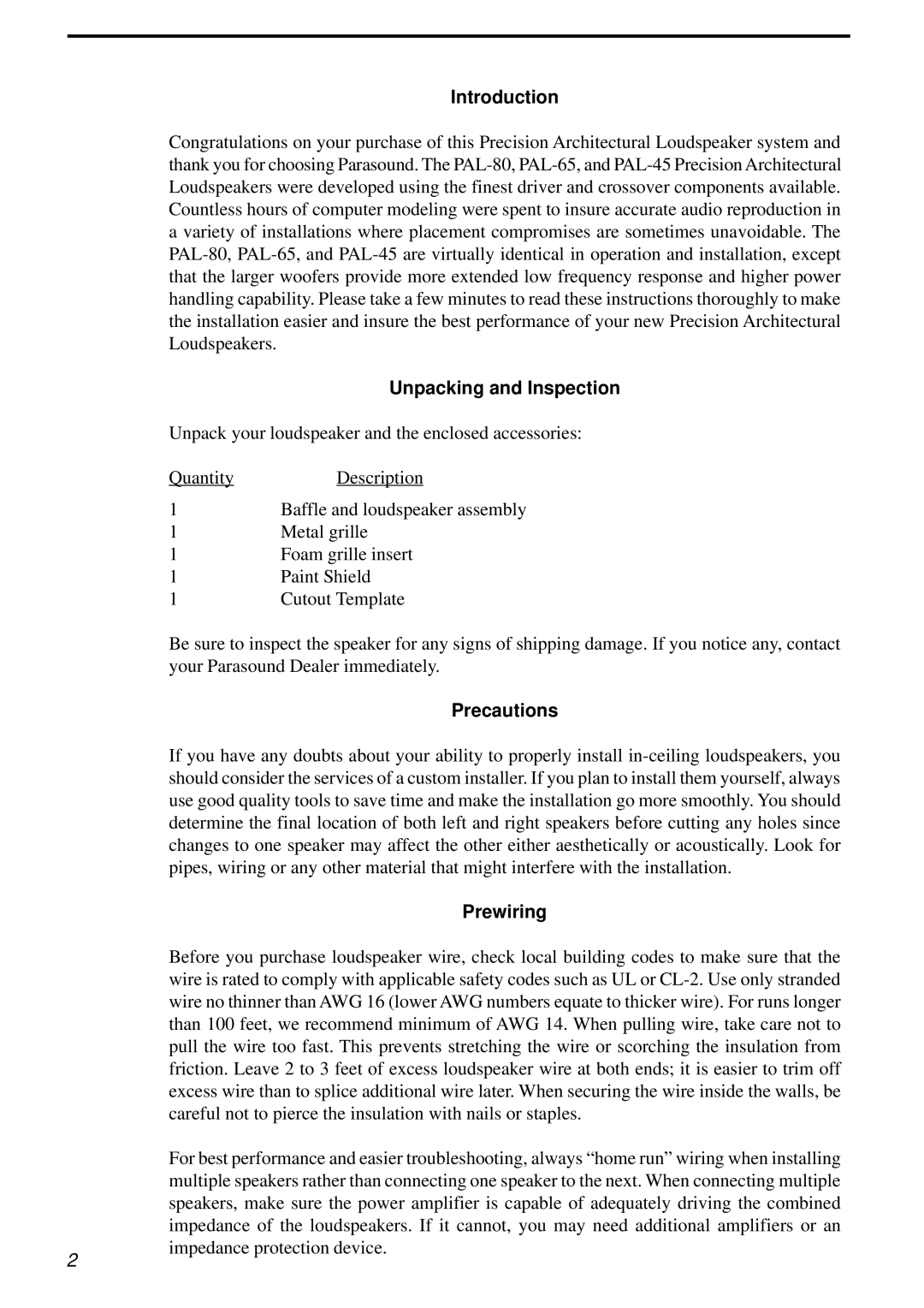 Parasound PAL-65, PAL-80, PAL-45 owner manual Introduction, Unpacking and Inspection, Precautions, Prewiring 