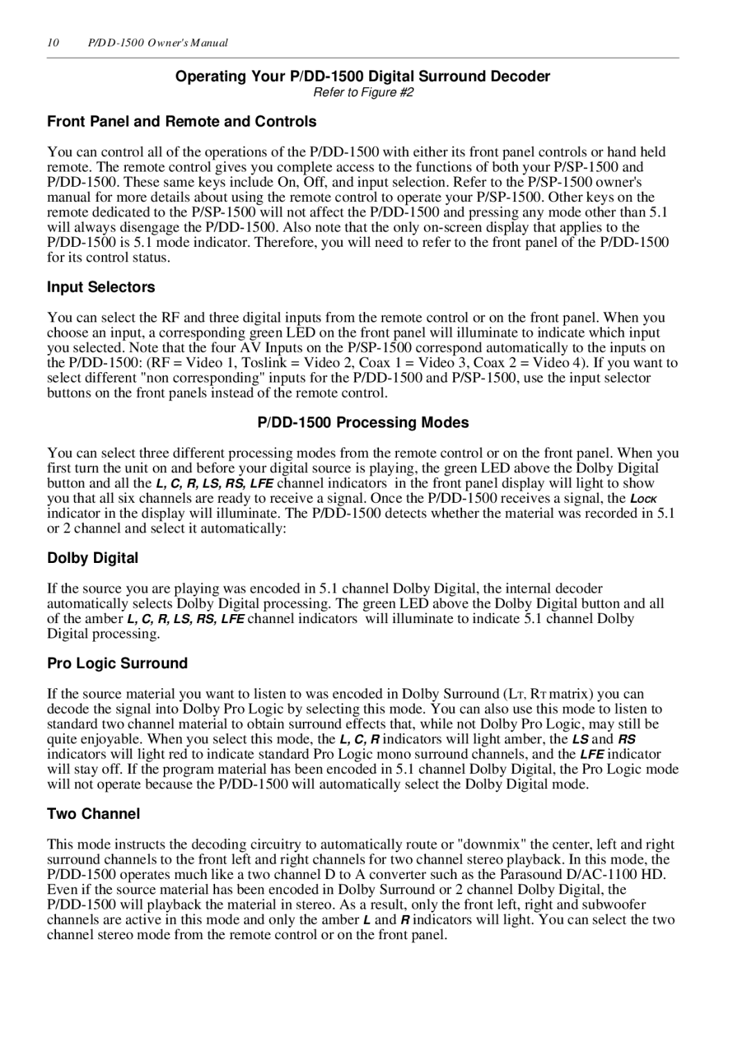 Parasound Operating Your P/DD-1500 Digital Surround Decoder, Front Panel and Remote and Controls Input Selectors 