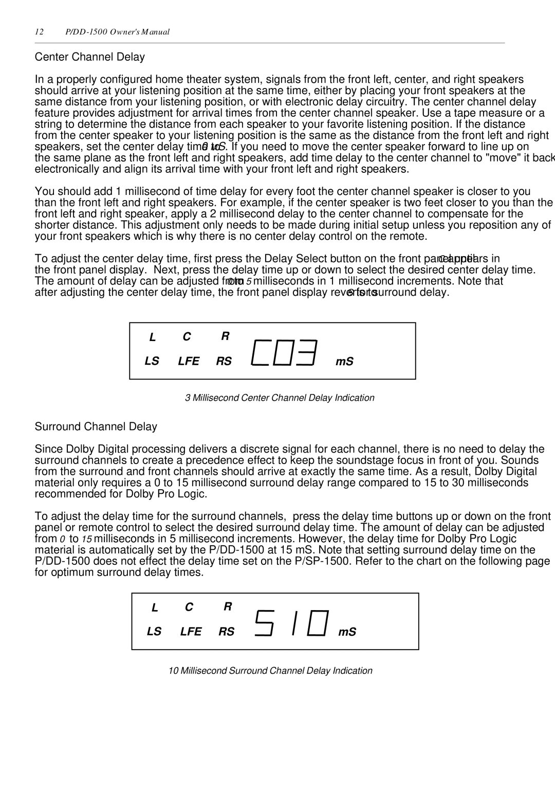 Parasound P/DD-1500 owner manual Center Channel Delay, Surround Channel Delay 