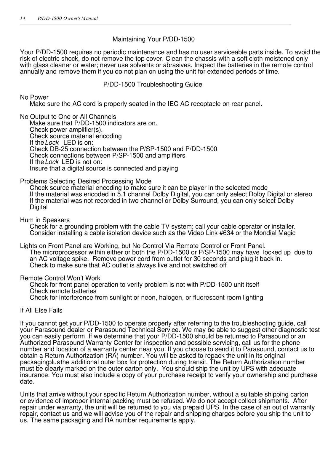 Parasound Maintaining Your P/DD-1500, DD-1500 Troubleshooting Guide No Power, No Output to One or All Channels 