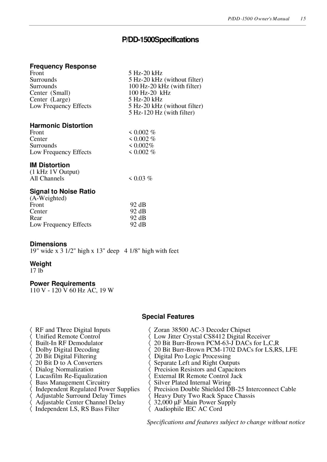Parasound P/DD-1500 Frequency Response, Harmonic Distortion, IM Distortion, Signal to Noise Ratio, Dimensions, Weight 