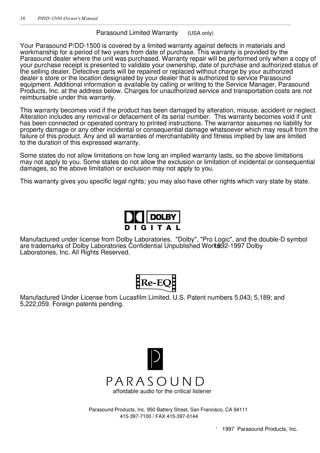 Parasound P/DD-1500 owner manual Re-EQ, Parasound Limited Warranty USA only 