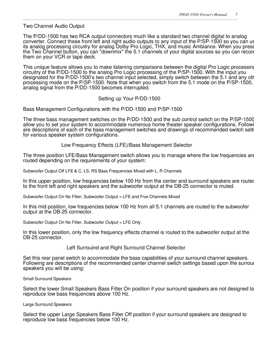 Parasound P/DD-1500 owner manual Two Channel Audio Output, Low Frequency Effects LFE/Bass Management Selector 