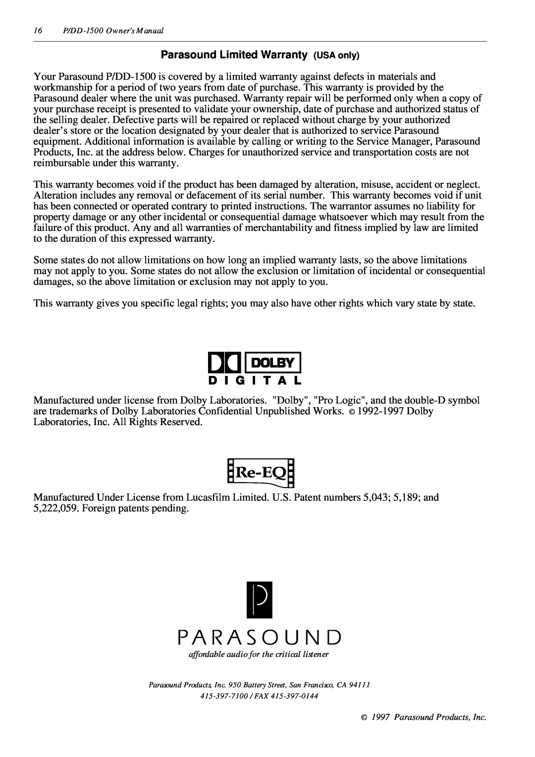 Parasound P/DD-1500 owner manual Parasound Limited Warranty USA only, Re-EQ 