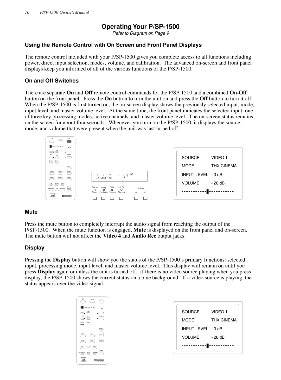 Parasound owner manual Operating Your P/SP-1500, On and Off Switches, Mute, Display 