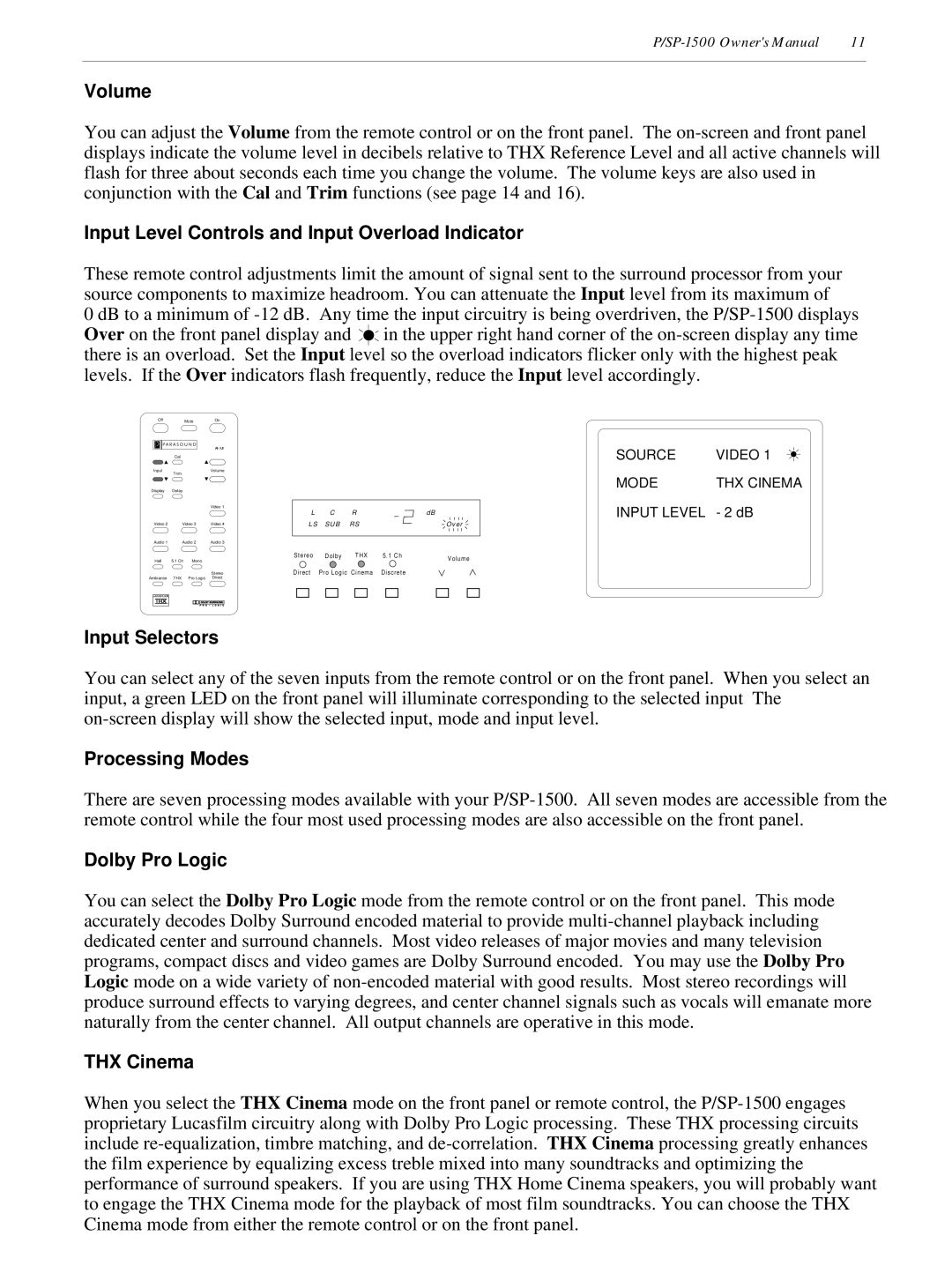 Parasound P/SP-1500 Volume, Input Level Controls and Input Overload Indicator, Input Selectors, Processing Modes 