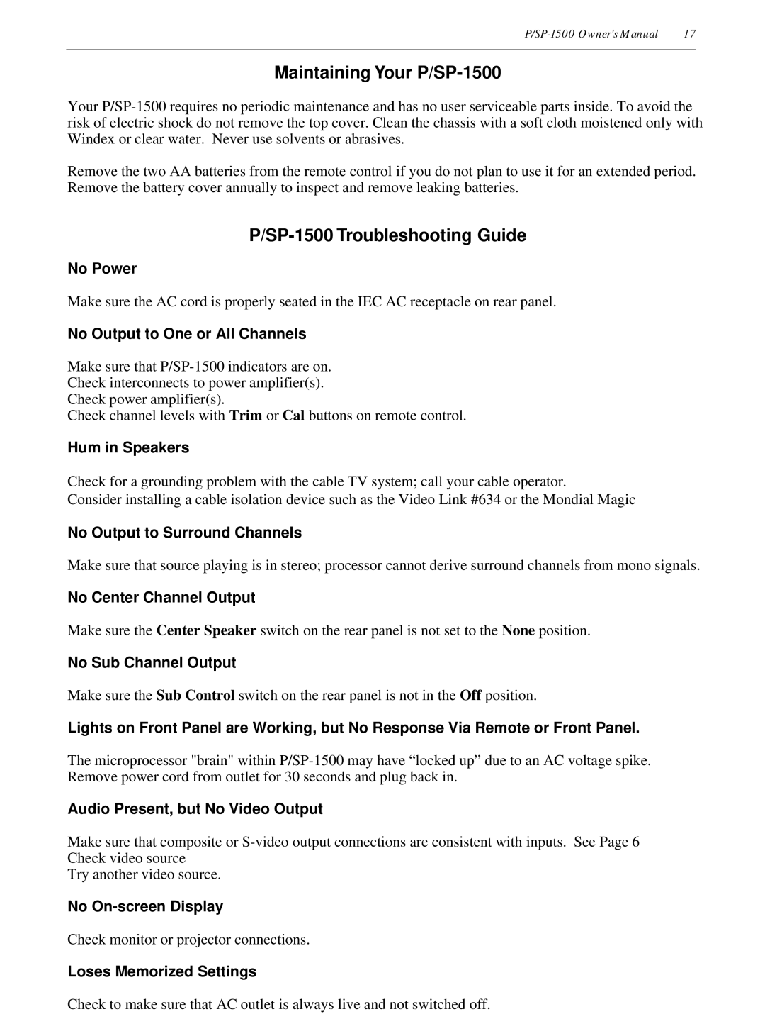 Parasound owner manual Maintaining Your P/SP-1500, SP-1500 Troubleshooting Guide 