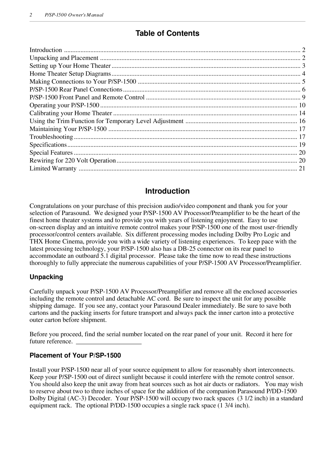 Parasound P/SP-1500 owner manual Table of Contents, Introduction 