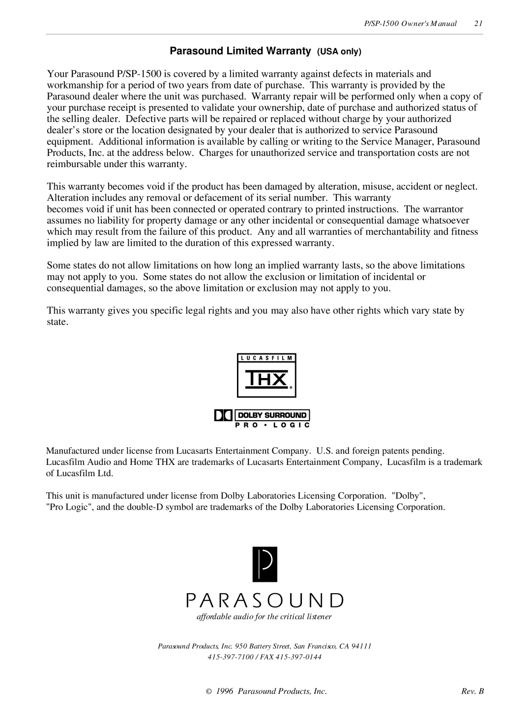 Parasound P/SP-1500 owner manual Parasound Limited Warranty USA only 