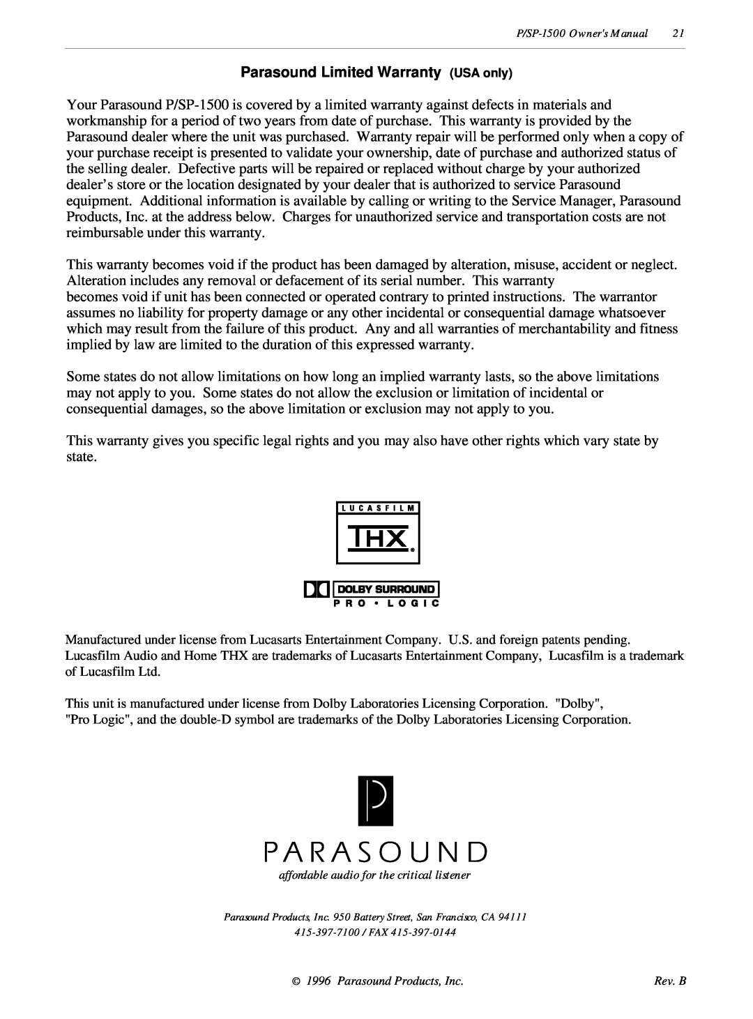 Parasound P/SP-1500 owner manual Parasound Limited Warranty USA only, affordable audio for the critical listener 