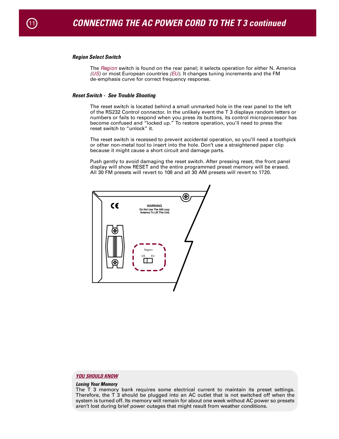 Parasound T 3 manual Region Select Switch, Reset Switch See Trouble Shooting 