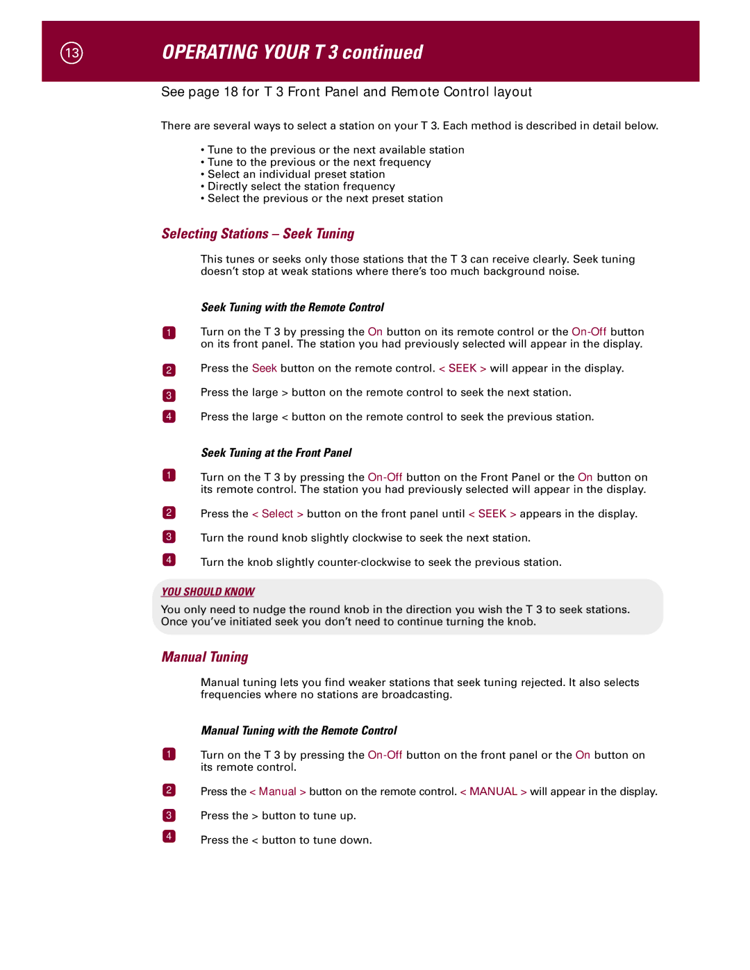 Parasound T 3 manual Selecting Stations Seek Tuning, Manual Tuning, Seek Tuning with the Remote Control 