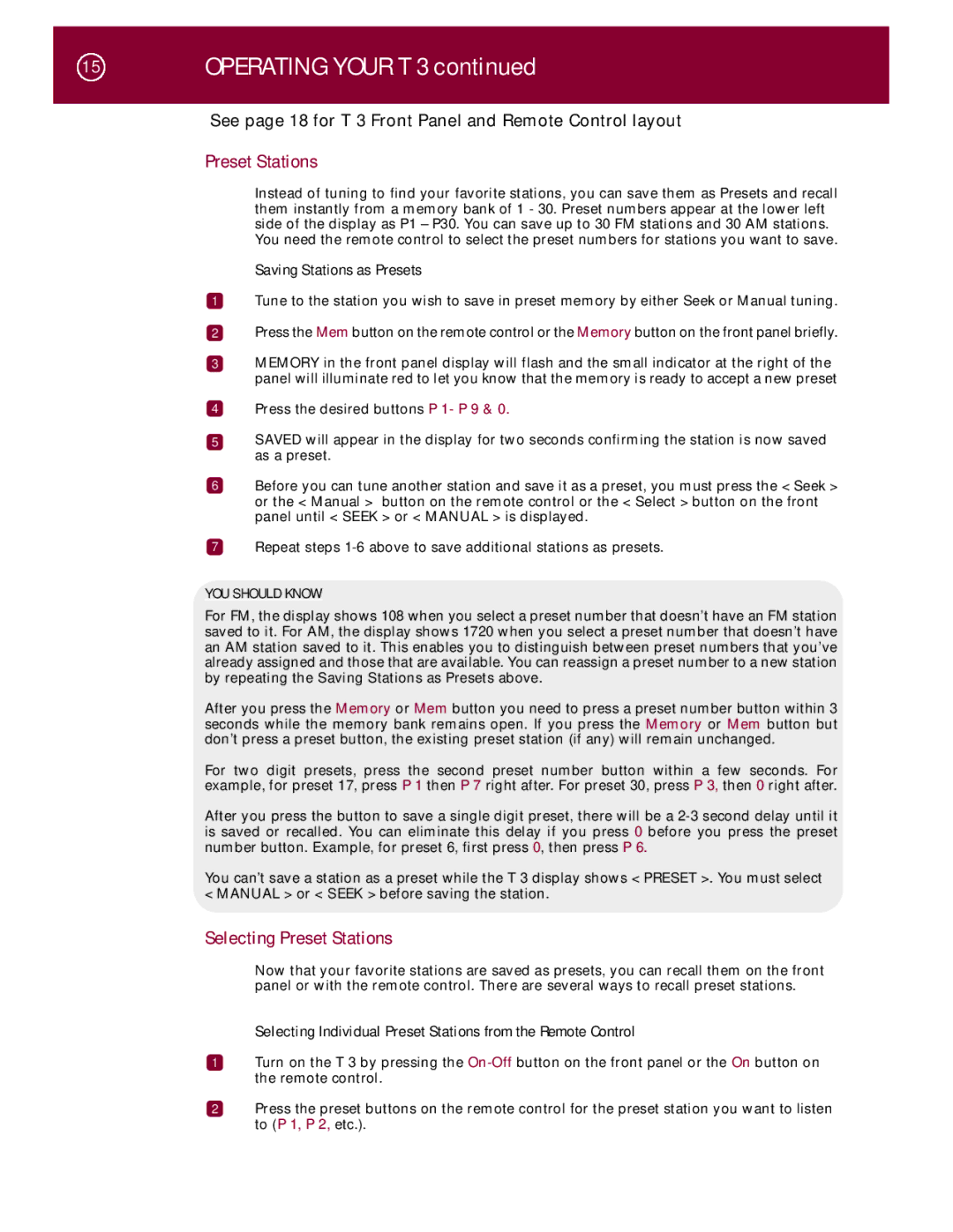 Parasound T 3 manual Selecting Preset Stations, Saving Stations as Presets 