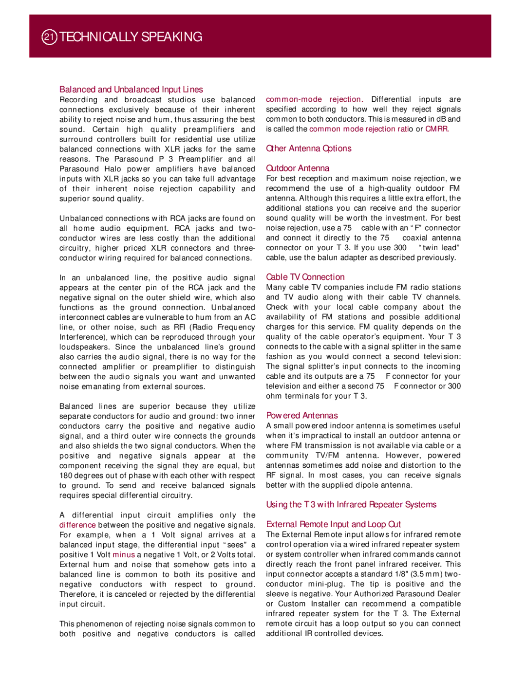 Parasound T 3 manual Technically Speaking, Balanced and Unbalanced Input Lines 