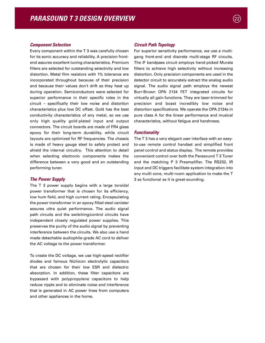 Parasound manual Parasound T 3 Design Overview, Component Selection 