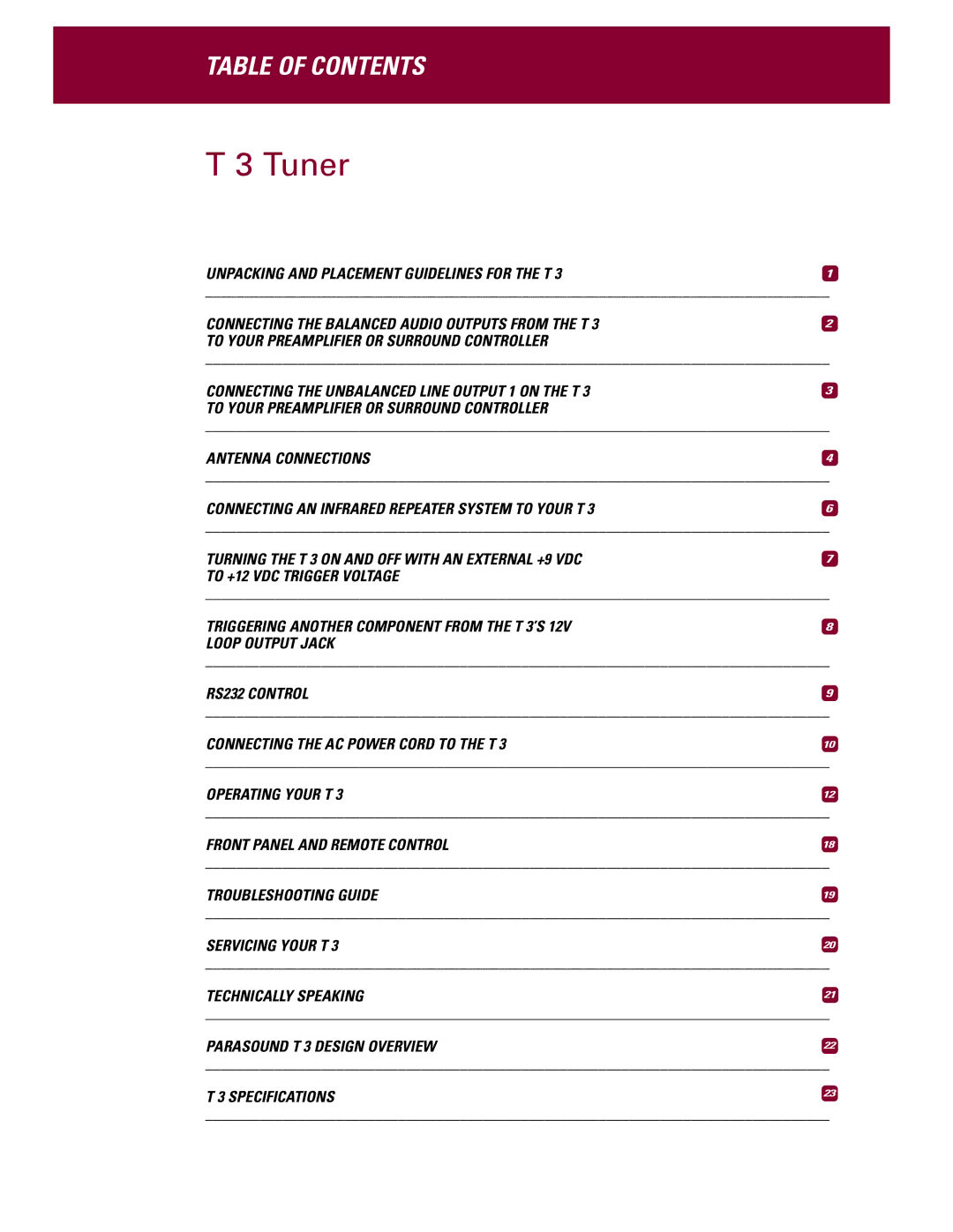 Parasound T 3 manual Tuner, Table of Contents 