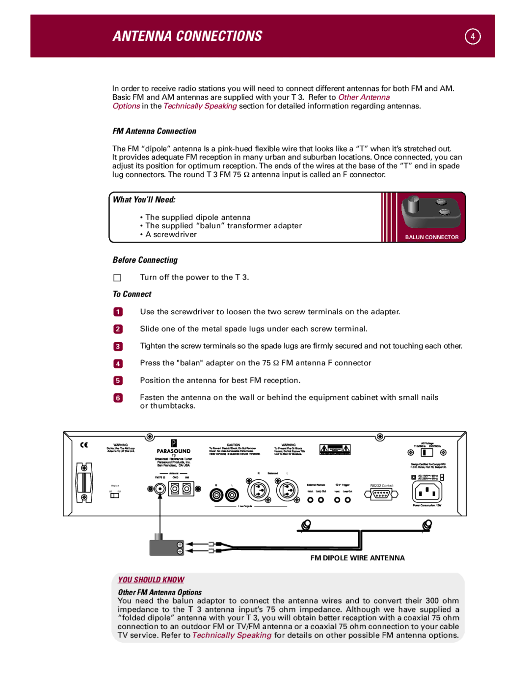 Parasound T 3 manual Antenna Connections, FM Antenna Connection 