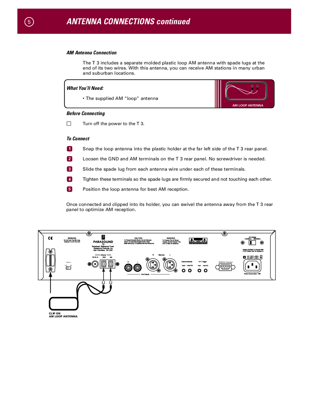 Parasound T 3 manual Antenna Connections, AM Antenna Connection 