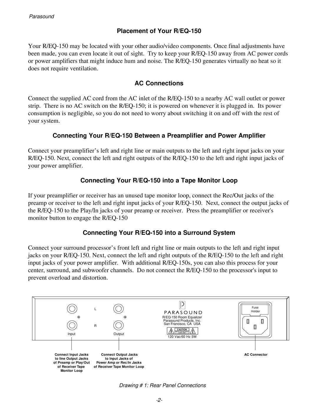 Parasound TDQ-150 Placement of Your R/EQ-150, AC Connections, Connecting Your R/EQ-150 into a Tape Monitor Loop 