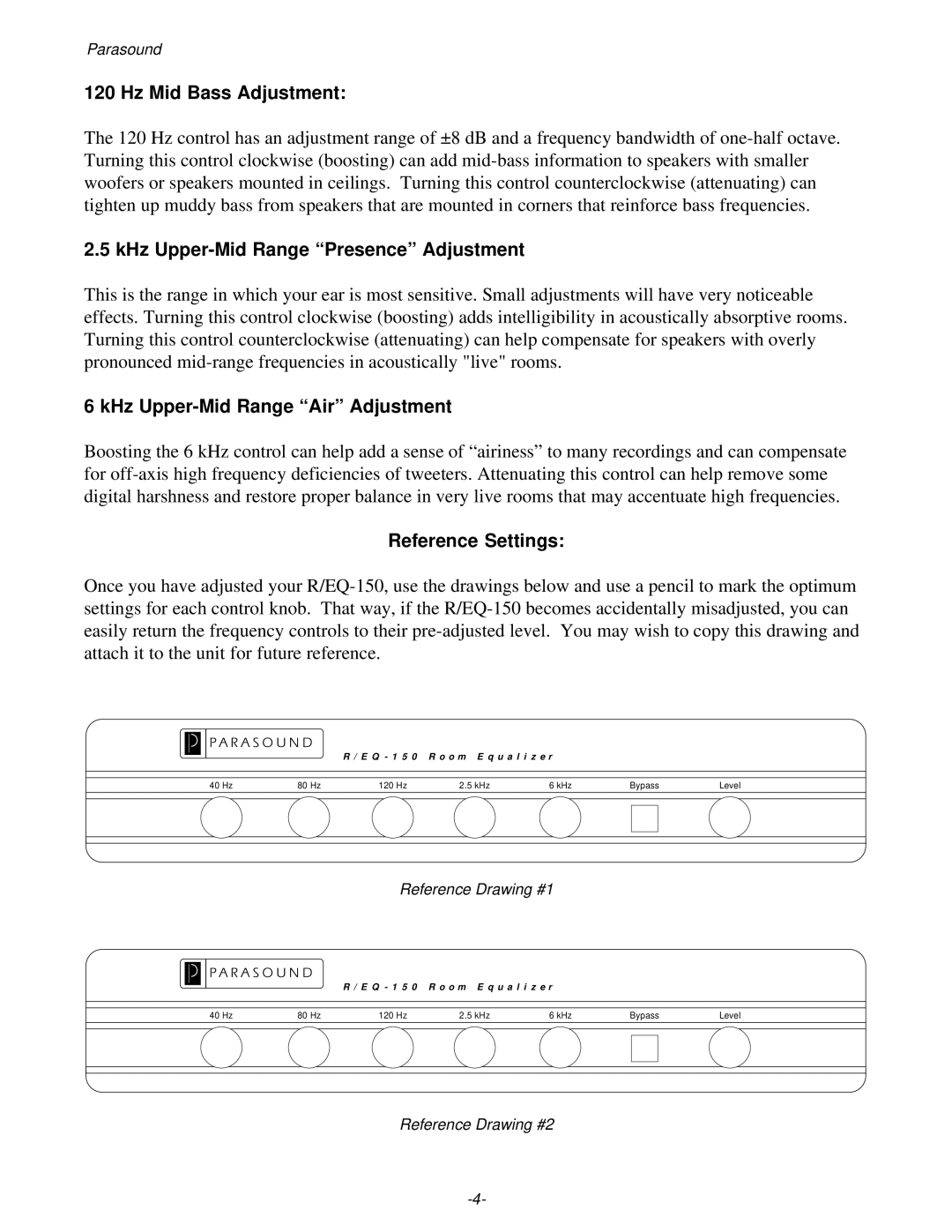 Parasound TDQ-150 Hz Mid Bass Adjustment, KHz Upper-Mid Range Presence Adjustment, KHz Upper-Mid Range Air Adjustment 