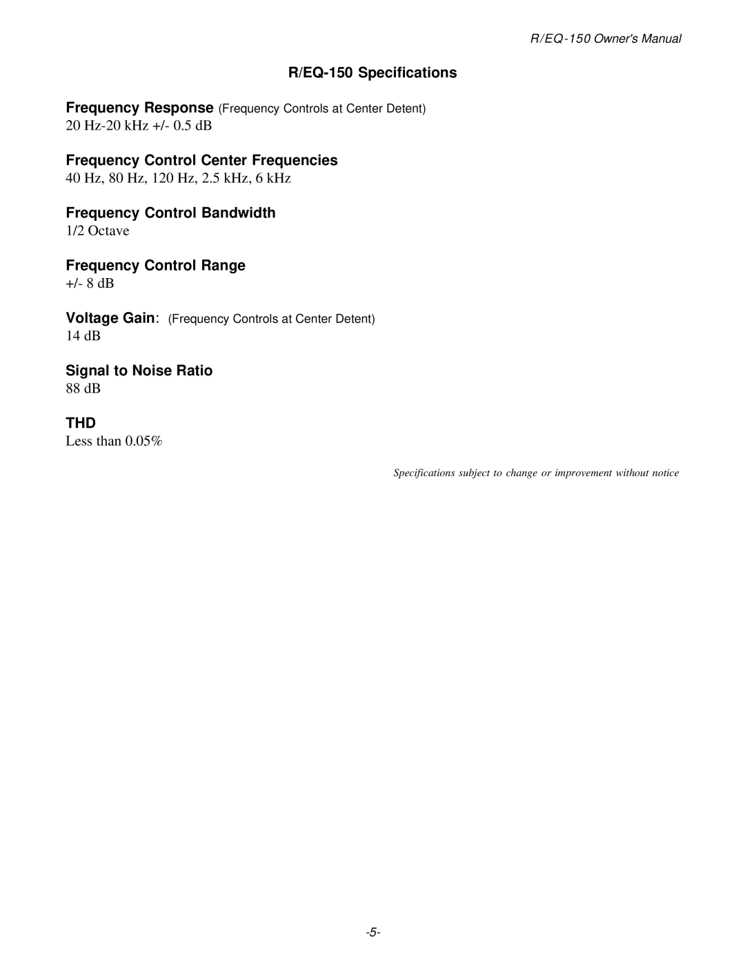 Parasound TDQ-150 owner manual EQ-150 Specifications, Frequency Control Center Frequencies, Frequency Control Bandwidth 