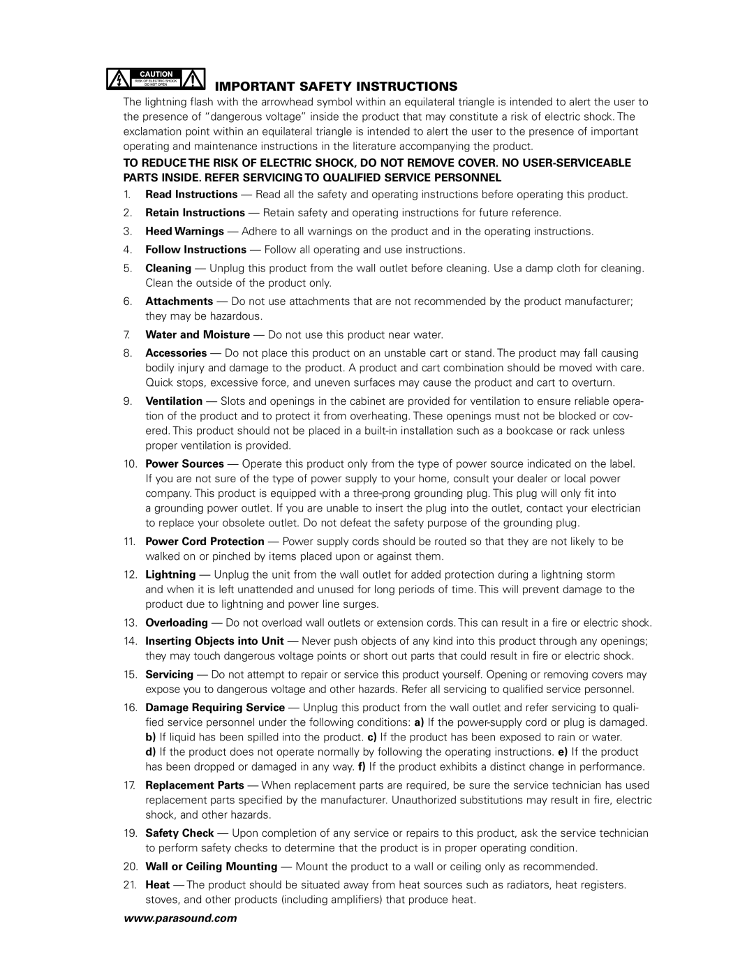 Parasound Z Series manual Important Safety Instructions 