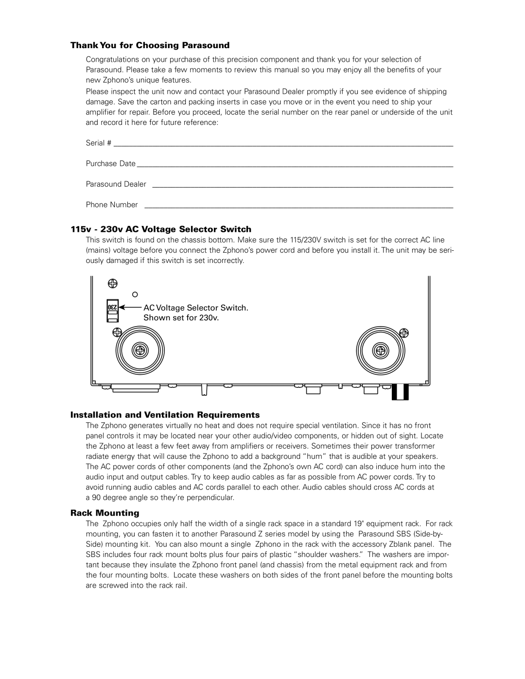 Parasound Z Series manual Thank You for Choosing Parasound, 115v 230v AC Voltage Selector Switch, Rack Mounting 