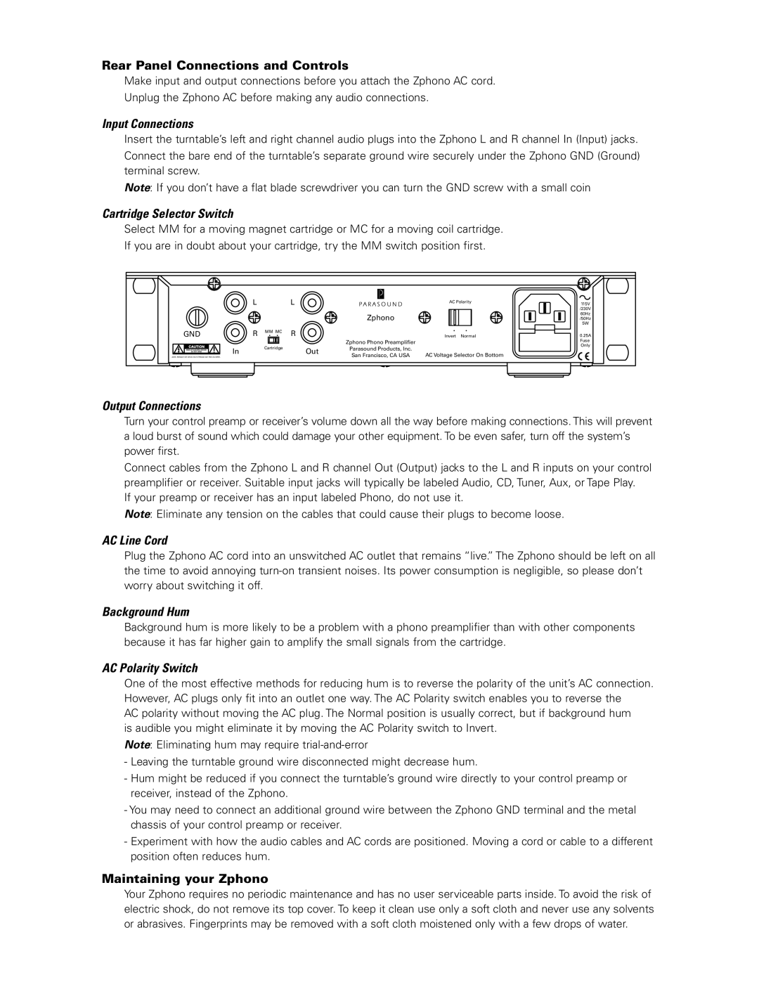 Parasound Z Series manual Input Connections, Cartridge Selector Switch, Output Connections, AC Line Cord, Background Hum 