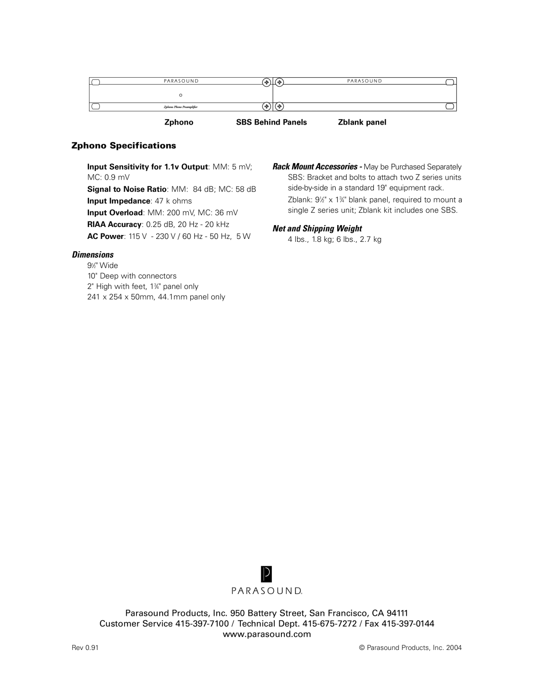 Parasound Z Series manual Zphono Specifications, Net and Shipping Weight, Dimensions 