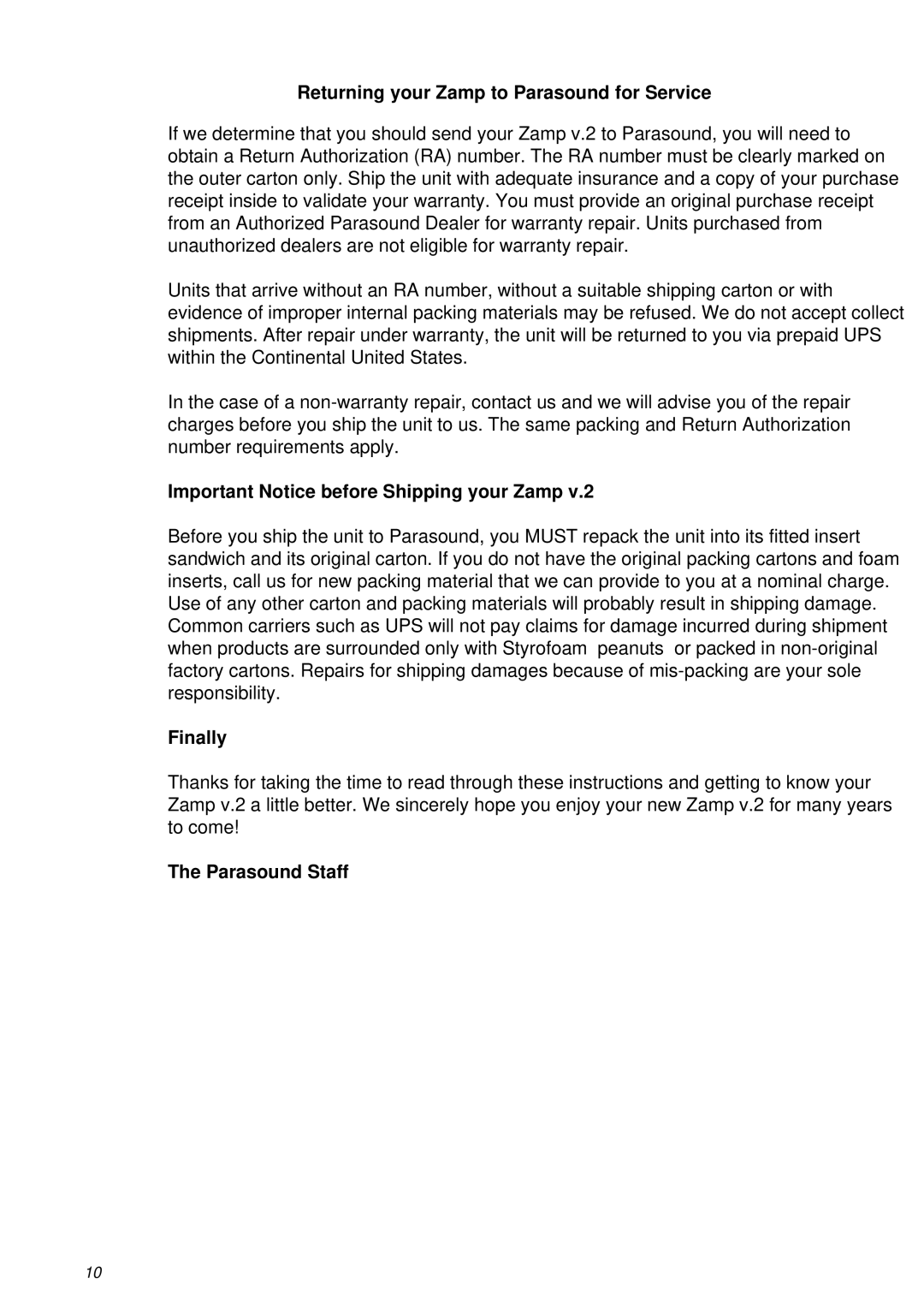 Parasound Zamp v.2 Returning your Zamp to Parasound for Service, Important Notice before Shipping your Zamp, Finally 