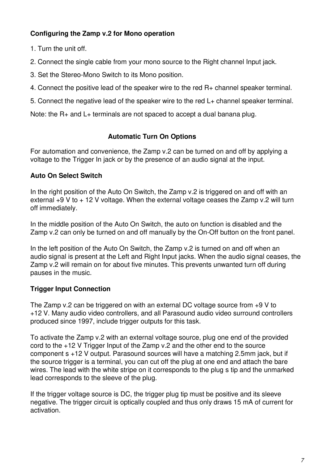 Parasound owner manual Configuring the Zamp v.2 for Mono operation, Auto On Select Switch, Trigger Input Connection 