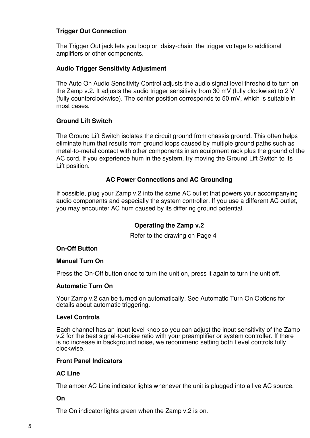 Parasound Zamp v.2 Trigger Out Connection, Audio Trigger Sensitivity Adjustment, Ground Lift Switch, Operating the Zamp 