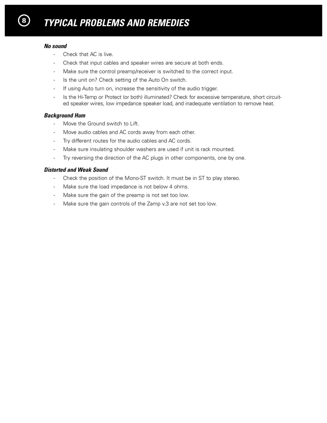 Parasound Zamp v.3 manual Typical Problems and Remedies, No sound, Background Hum, Distorted and Weak Sound 