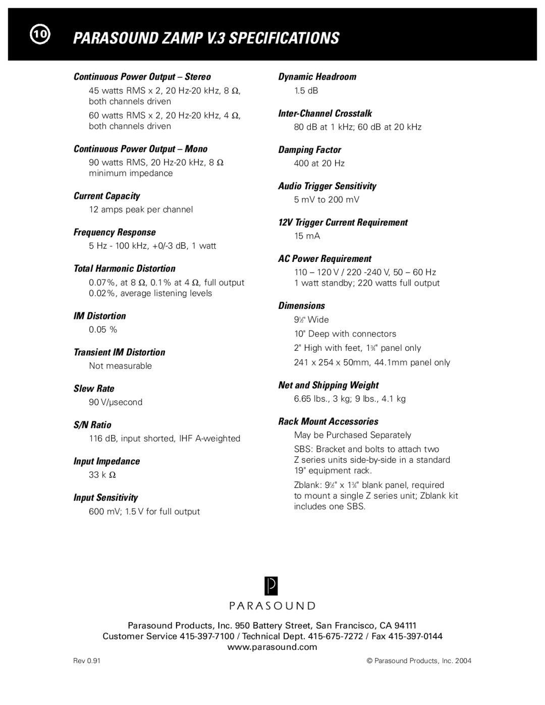 Parasound Zamp v.3 manual Parasound Zamp V.3 Specifications 