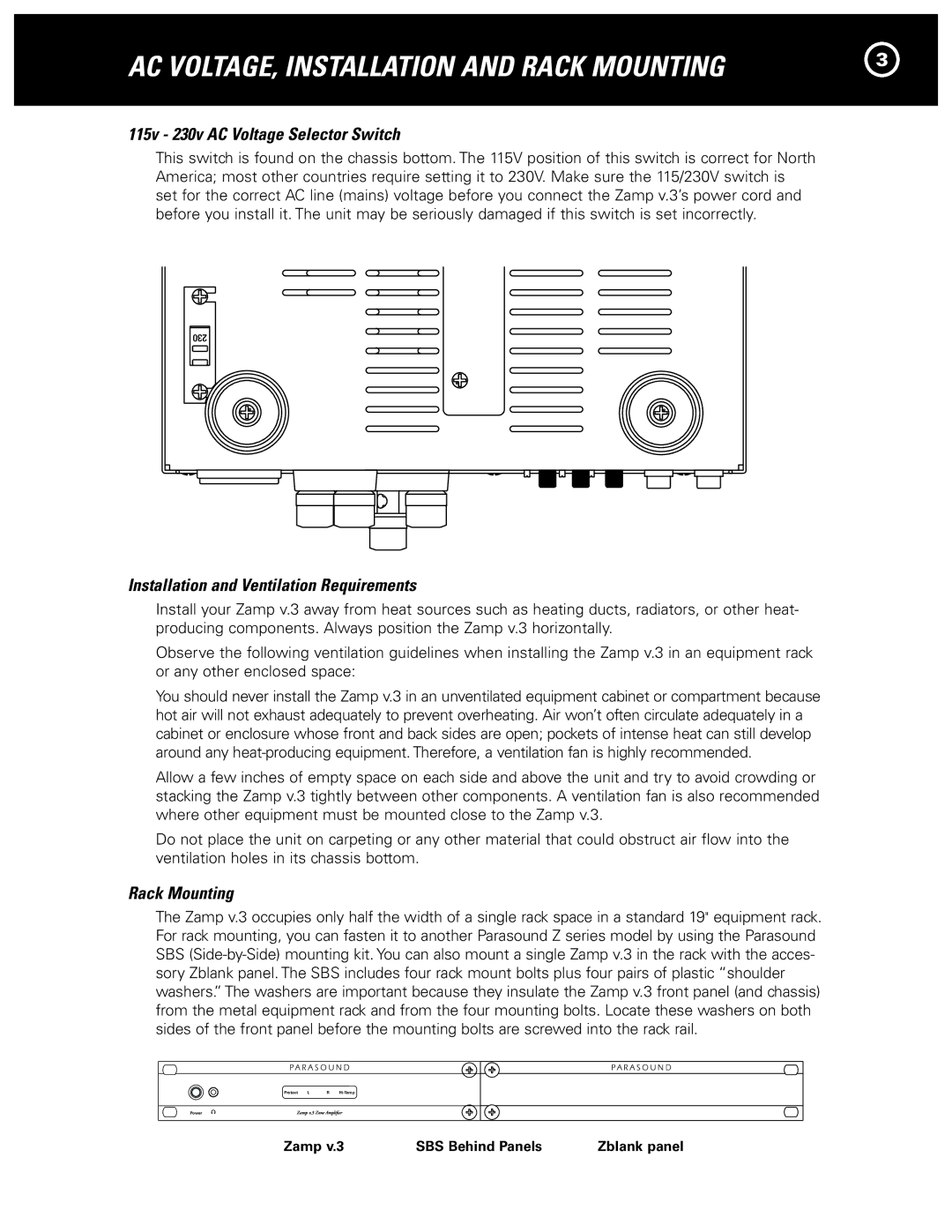 Parasound Zamp v.3 manual 115v 230v AC Voltage Selector Switch, Installation and Ventilation Requirements, Rack Mounting 