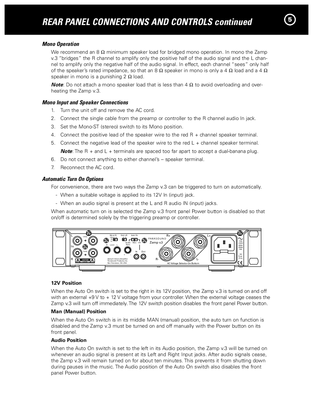 Parasound Zamp v.3 manual Mono Operation, Mono Input and Speaker Connections, Automatic Turn On Options 