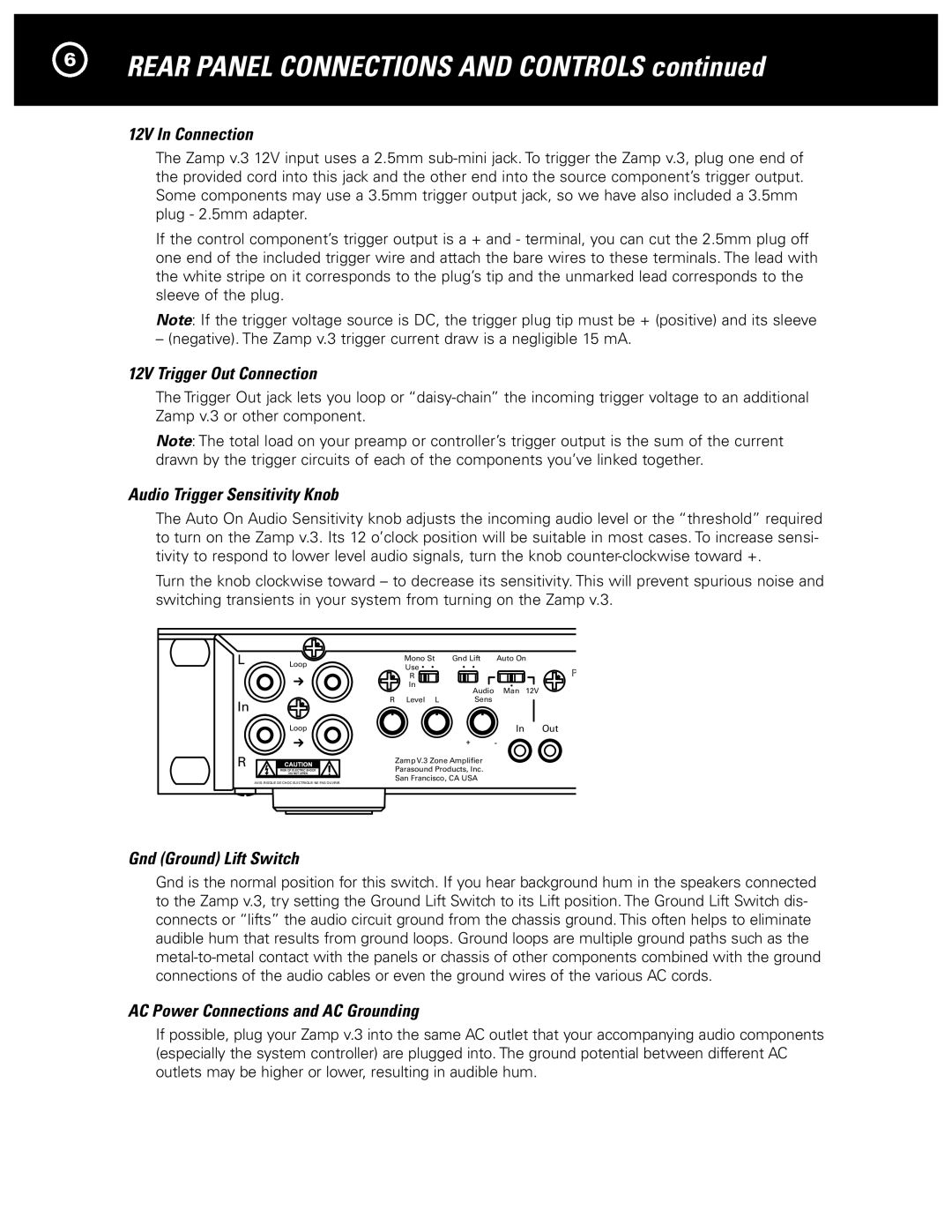 Parasound Zamp v.3 12V In Connection, 12V Trigger Out Connection, Audio Trigger Sensitivity Knob, Gnd Ground Lift Switch 